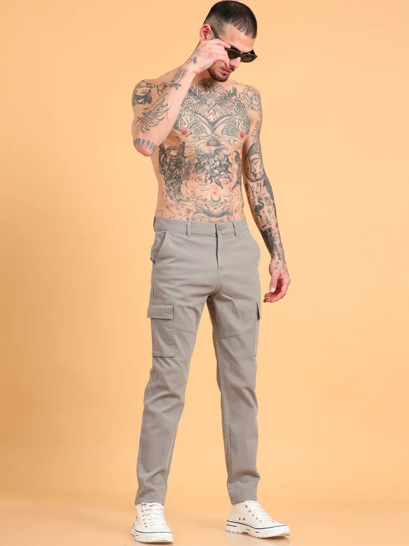 Men 2 Cotton Regular Fit Cargo Trousers, GRAPHITE GREY BROWN