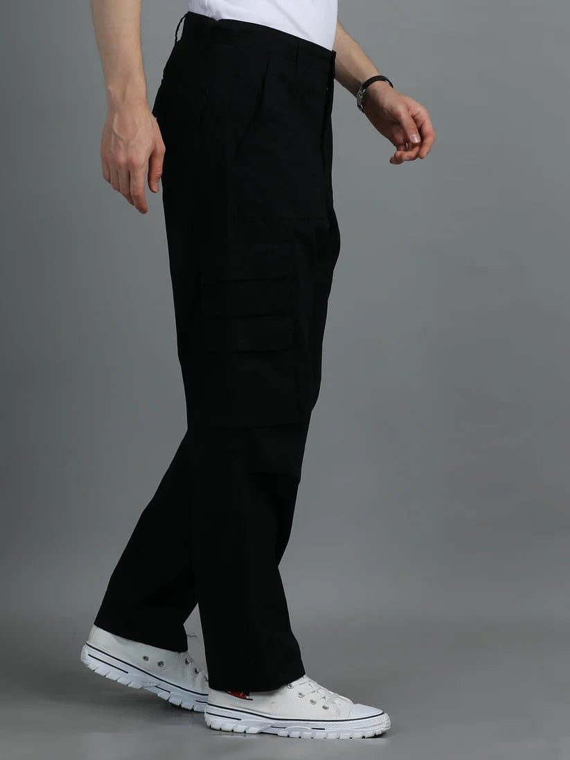 Men 2 Cotton Relaxed Fit Cargo Trousers, Black Khakhi
