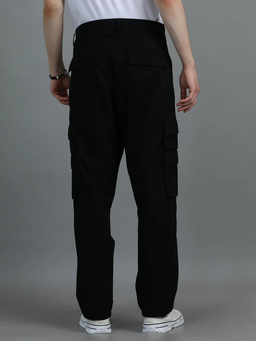 Men 2 Cotton Relaxed Fit Cargo Trousers, Black Khakhi