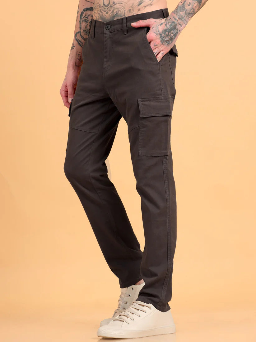 Men 2 Cotton Regular Fit Cargo Trousers, GRAPHITE GREY BROWN