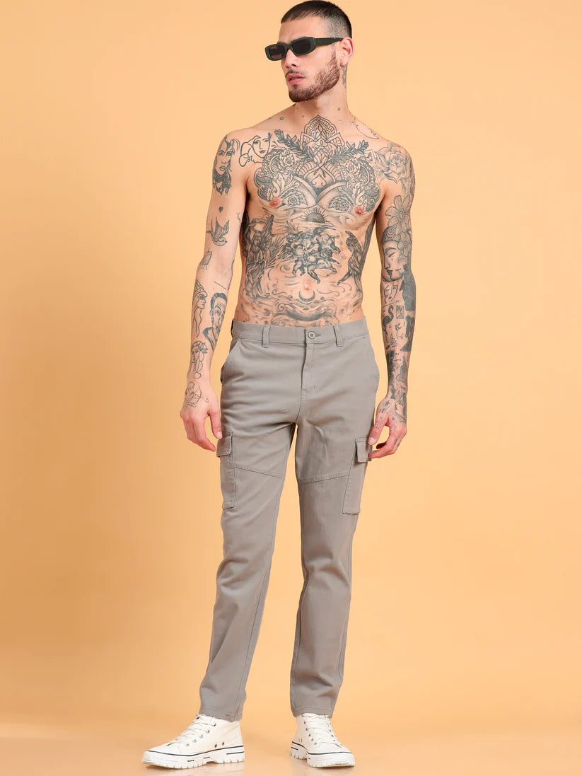 Men 2 Cotton Regular Fit Cargo Trousers, GRAPHITE GREY BROWN