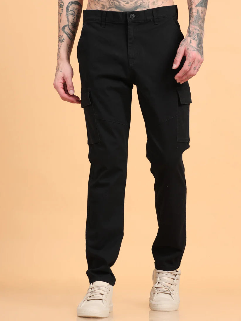 Men 2 Cotton Regular Fit Cargo Trousers, BLACK KHAKHI