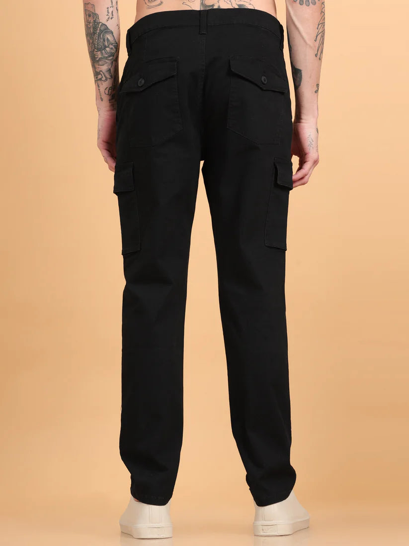 Men 2 Cotton Regular Fit Cargo Trousers, BLACK KHAKHI