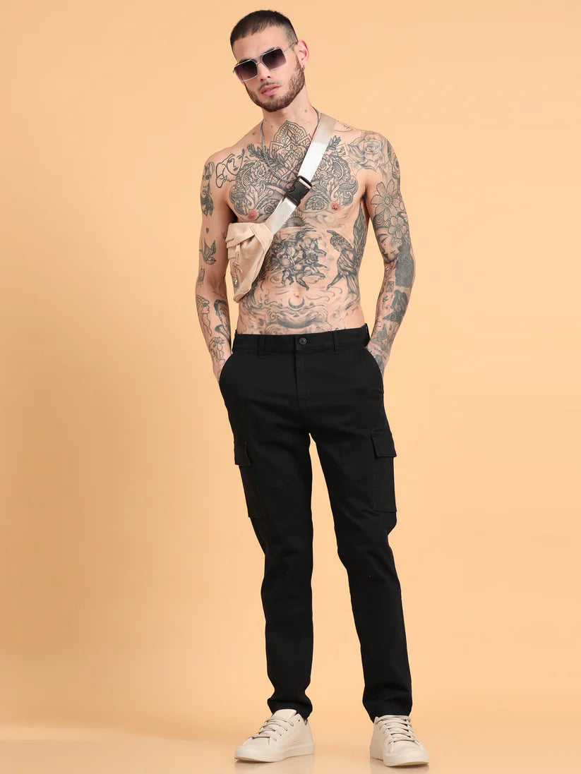 Men 2 Cotton Regular Fit Cargo Trousers, BLACK KHAKHI