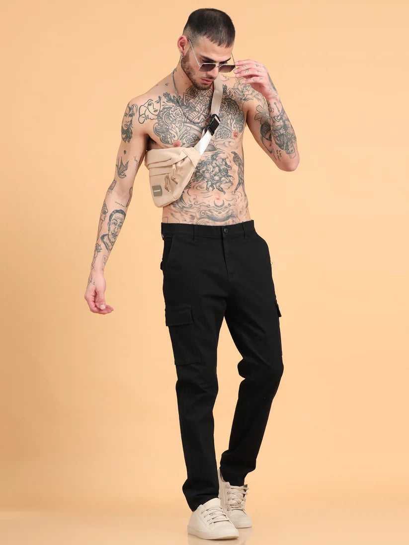 Men 2 Cotton Regular Fit Cargo Trousers, BLACK KHAKHI