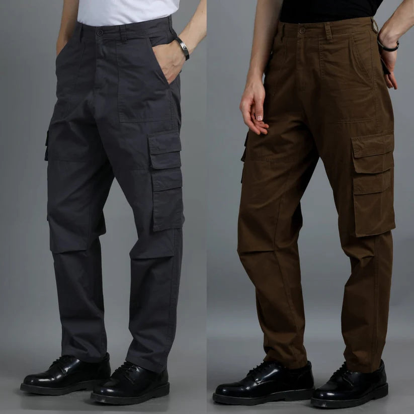 Men 2 Cotton Relaxed Fit Cargo Trousers, Charcoal Grey Brown